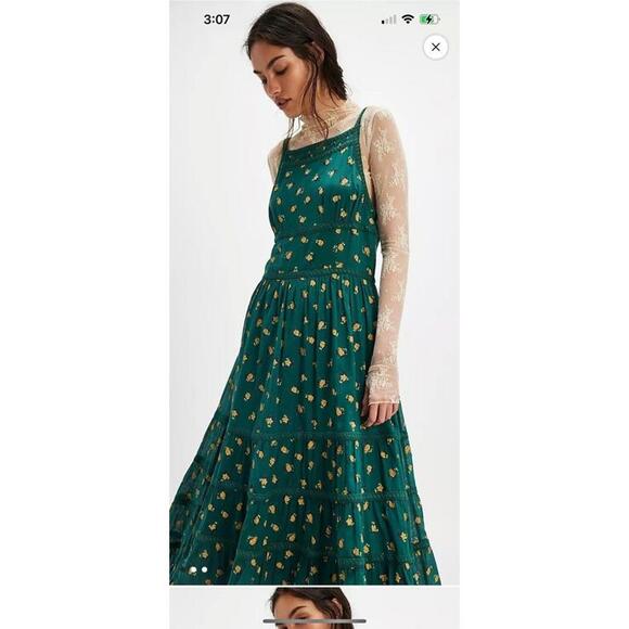 Free People Dresses & Skirts - Free People Teal Green Midi Dress with Gold Floral Print